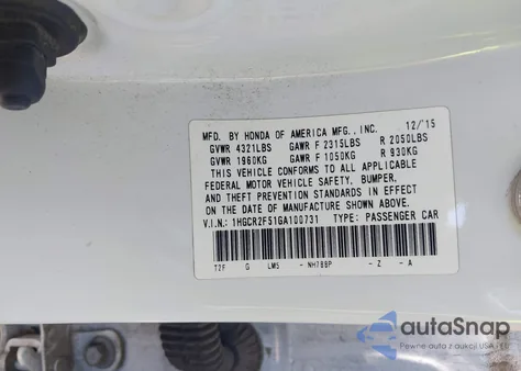 2016 Honda Accord Sport from USA, damaged, VIN 1HGCR2F51GA100731